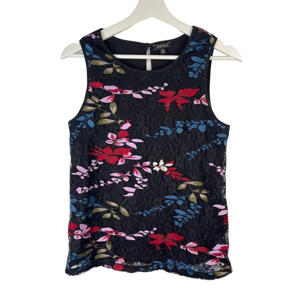 Lucky Brand Floral Embroidered Lace Tank Top XS Black Boho Festival Sleeveless - Picture 2 of 12